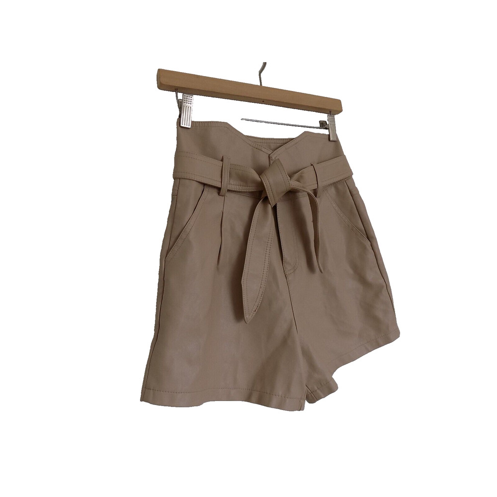 Venti6 faux leather high waisted shorts khaki belted size Small - Picture 2 of 6